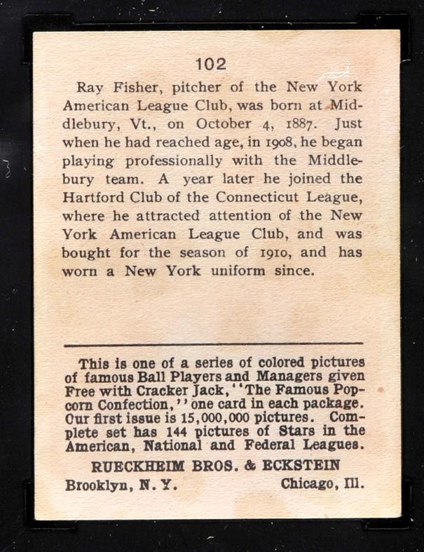 1914 E145 Cracker Jack #102 Ray Fisher New York (American) - Back