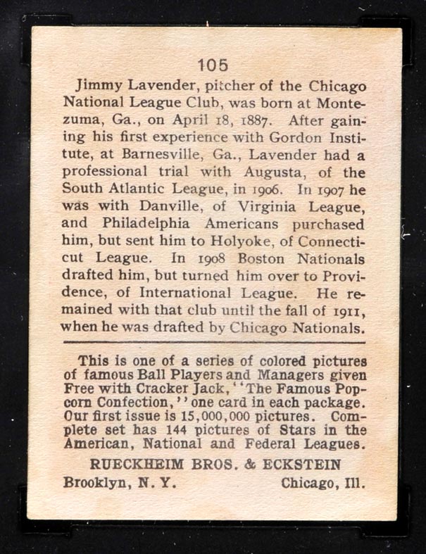 1914 E145 Cracker Jack #105 Jimmy Lavender Chicago (National) - Back