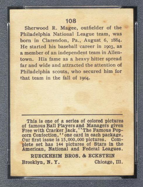 1914 E145 Cracker Jack #108 Sherry Magee Philadelphia (National) - Back