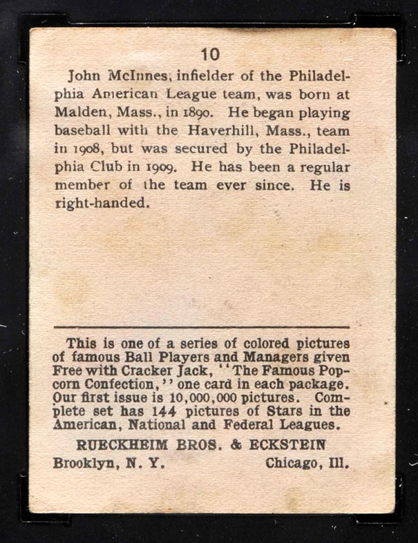 1914 E145 Cracker Jack #10 John McInnis Philadelphia (American) - Back