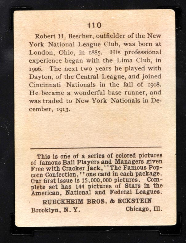 1914 E145 Cracker Jack #110 Bob Bescher New York (National) - Back