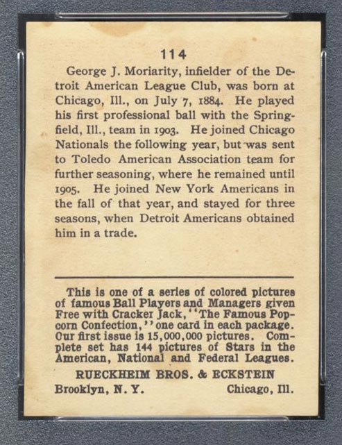 1914 E145 Cracker Jack #114 George Moriarity (Moriarty) Detroit (American) - Back