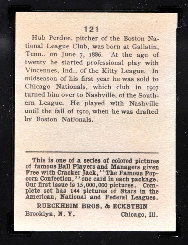 1914 E145 Cracker Jack #121 Hub Perdue Boston (National) - Back