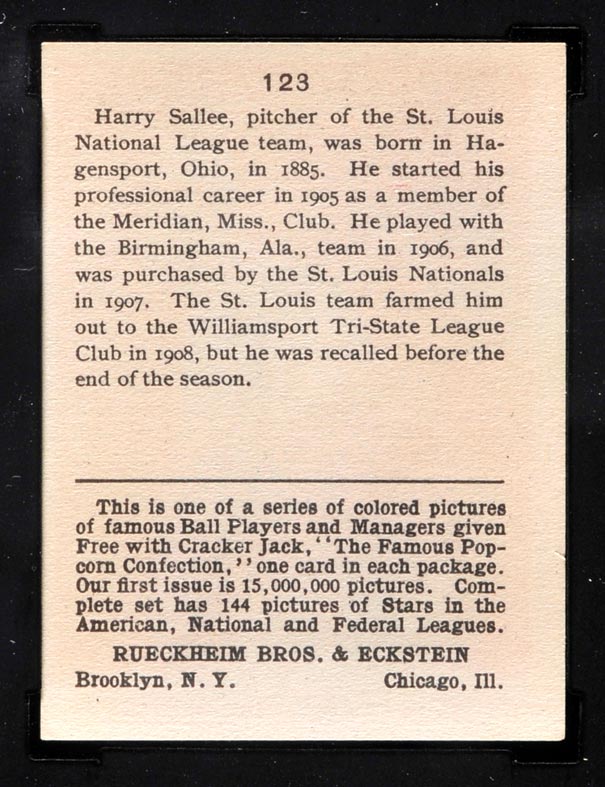 1914 E145 Cracker Jack #123 Harry Sallee St. Louis (National) - Back