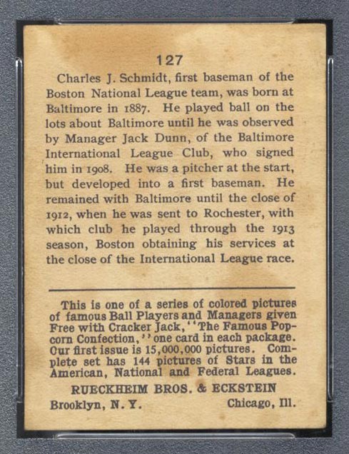 1914 E145 Cracker Jack #127 Butch Schmidt Boston (National) - Back