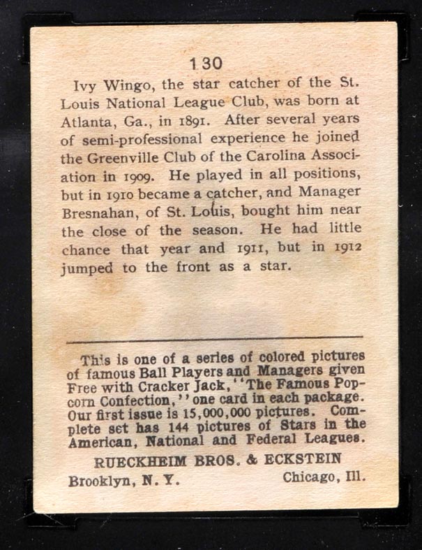 1914 E145 Cracker Jack #130 Ivy Wingo St. Louis (National) - Back