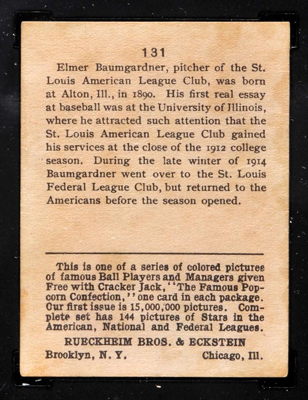 1914 E145 Cracker Jack #131 George Baumgardner St. Louis (American) - Back