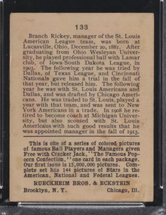 1914 E145 Cracker Jack #133 Branch Rickey St. Louis (American) - Back