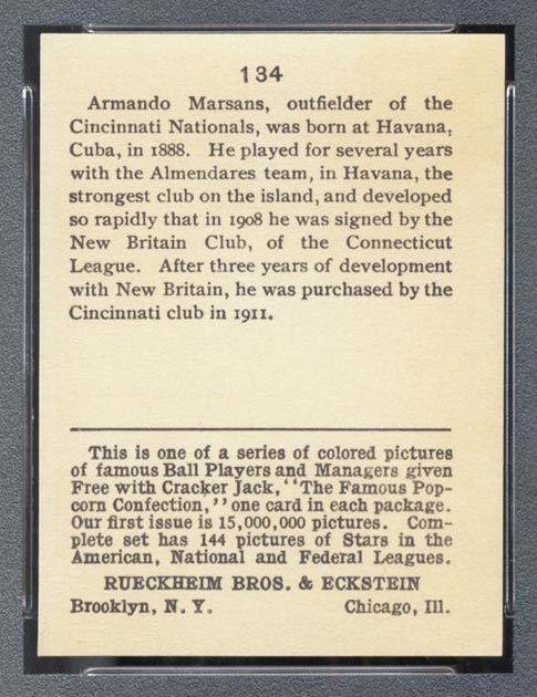 1914 E145 Cracker Jack #134 Armando Marsans Cincinnati (National) - Back