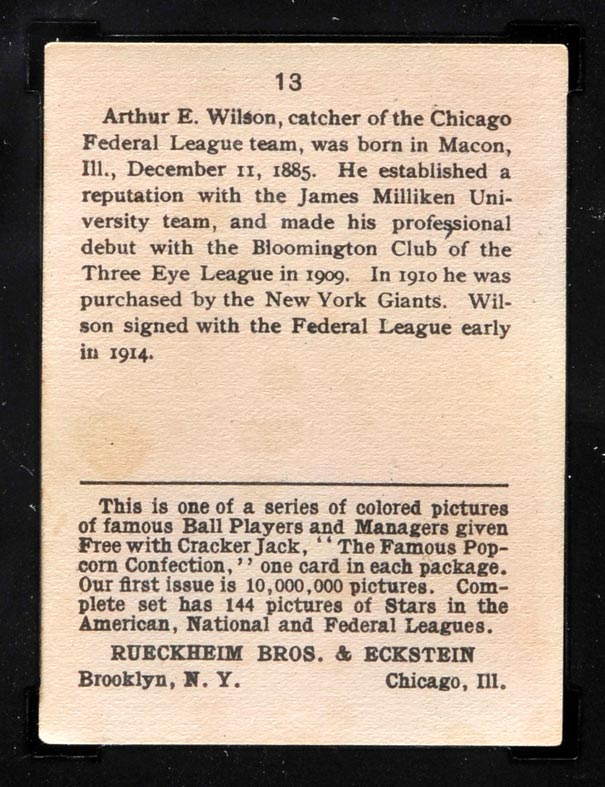 1914 E145 Cracker Jack #13 Art Wilson Chicago (Federal) - Back