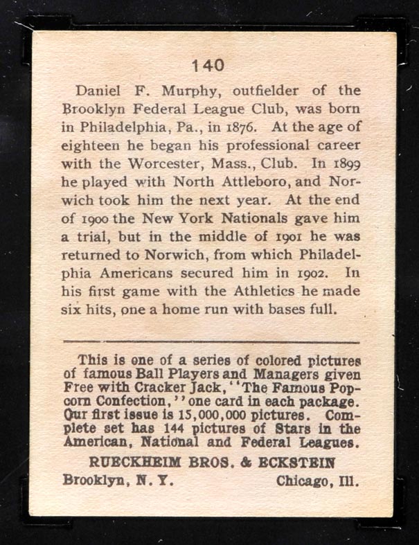 1914 E145 Cracker Jack #140 Daniel Murphy Brooklyn (Federal) - Back