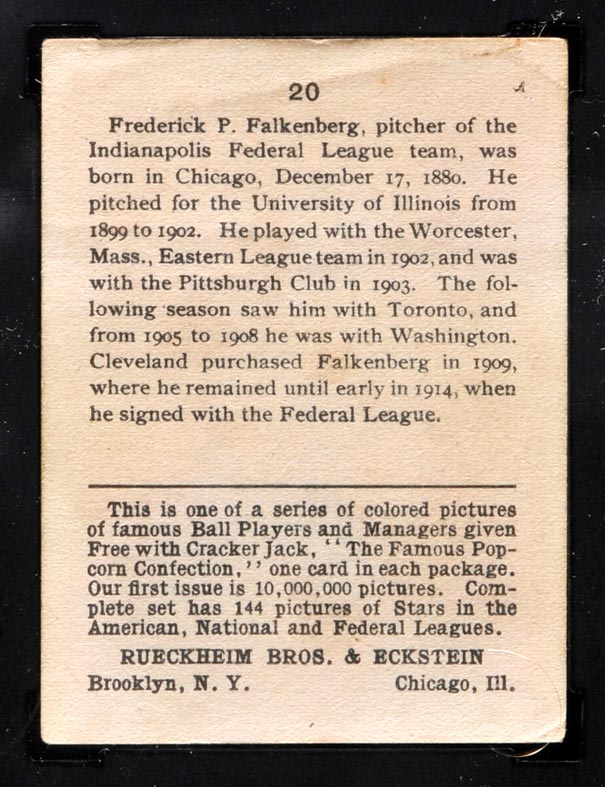 1914 E145 Cracker Jack #20 Fred Falkenberg Indianapolis (Federal) - Back