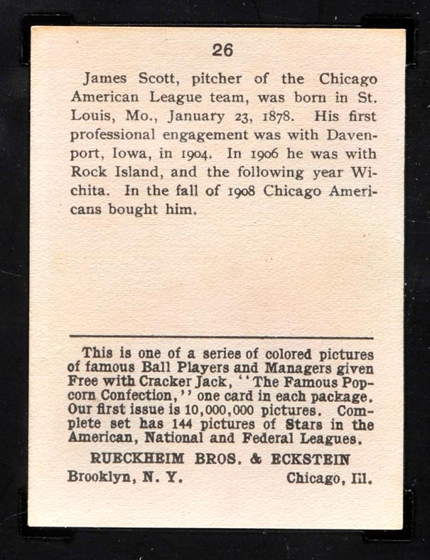 1914 E145 Cracker Jack #26 James Scott Chicago (American) - Back