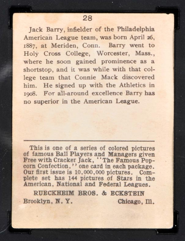 1914 E145 Cracker Jack #28 Jack Barry Philadelphia (American) - Back