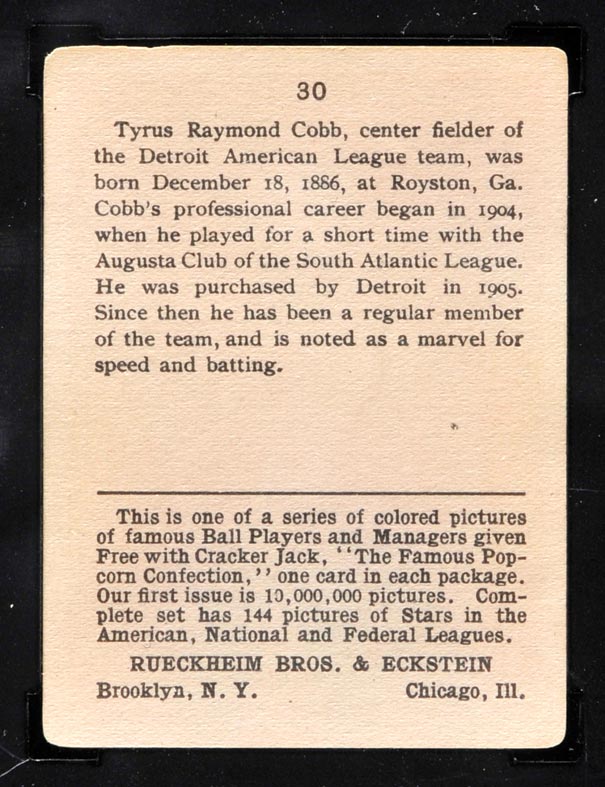 1914 E145 Cracker Jack #30 Ty Cobb Detroit (American) - Back