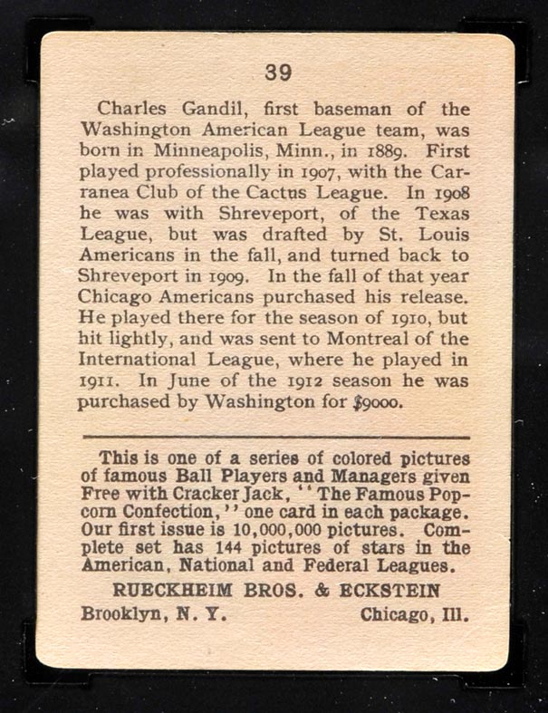 1914 E145 Cracker Jack #39 Charles Gandil Washington (American) - Back