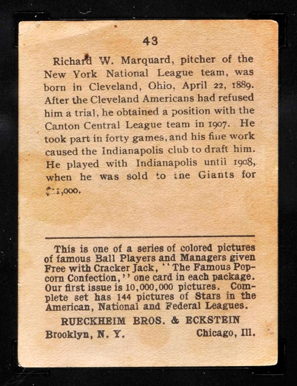 1914 E145 Cracker Jack #43 Richard Marquard New York (National) - Back