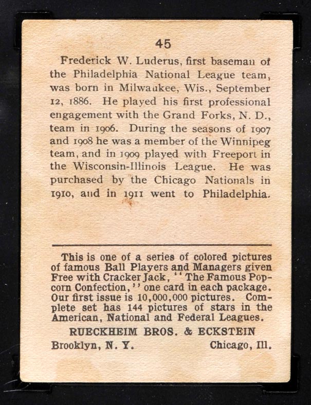 1914 E145 Cracker Jack #45 Fred Luderus Philadelphia (National) - Back