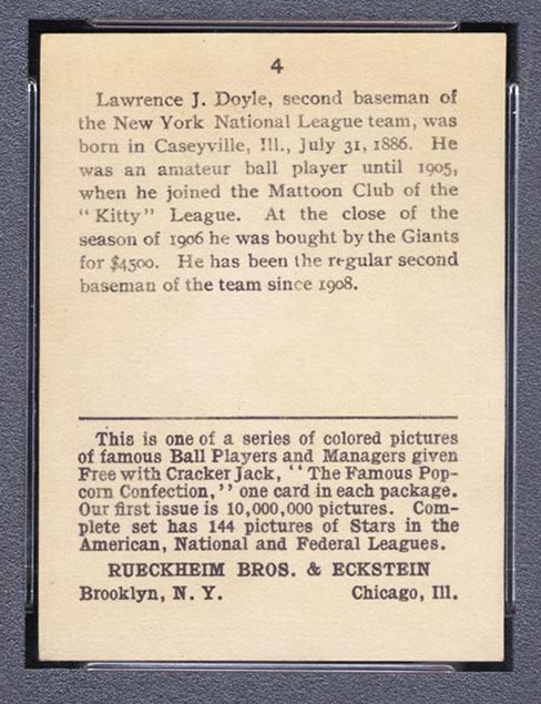 1914 E145 Cracker Jack #4 Larry Doyle New York (National) - Back