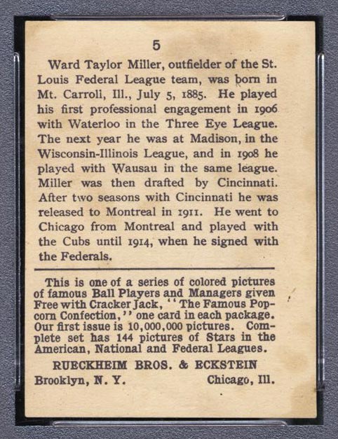 1914 E145 Cracker Jack #5 Ward Miller St. Louis (Federal) - Back