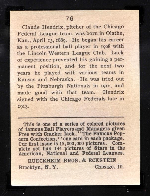 1914 E145 Cracker Jack #76 Claude Hendrix Chicago (Federal) - Back