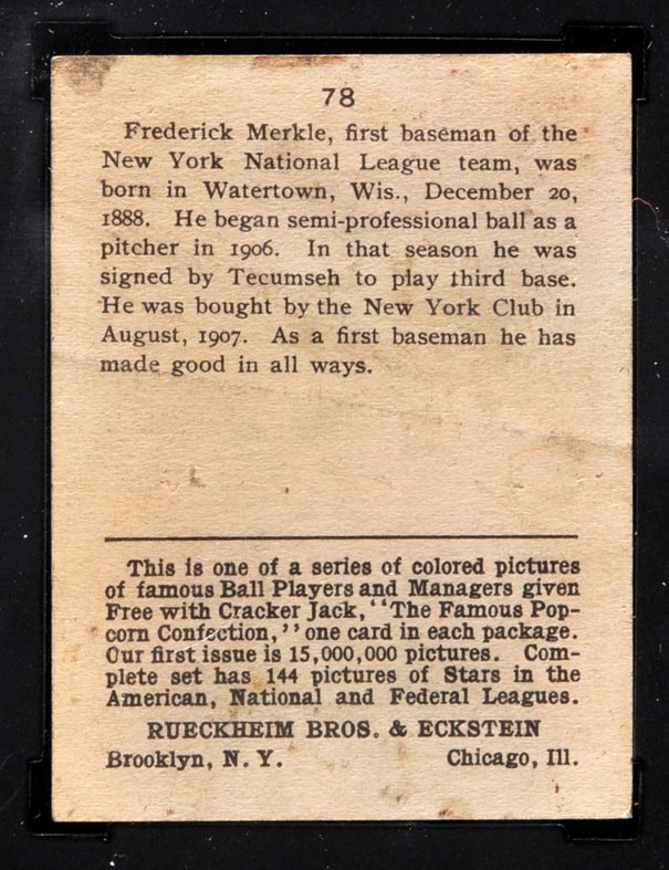 1914 E145 Cracker Jack #78 Fred Merkle New York (National) - Back