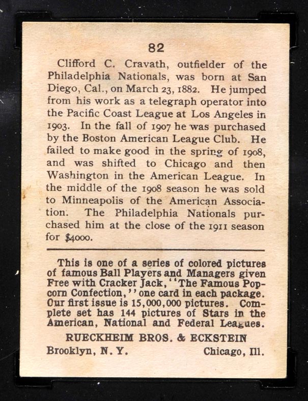 1914 E145 Cracker Jack #82 Clifford Cravath Philadelphia (National) - Back