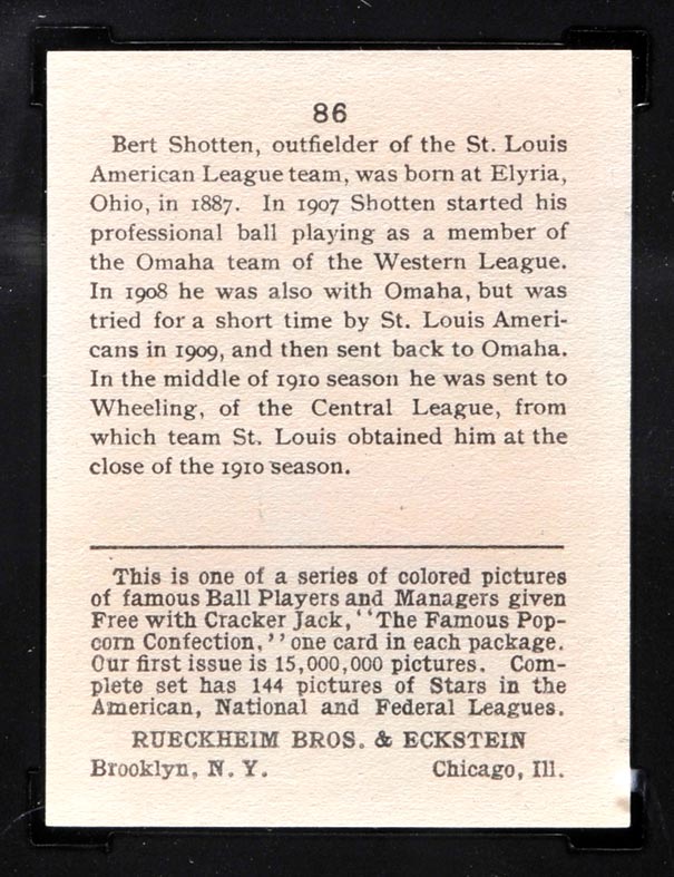 1914 E145 Cracker Jack #86 Bert Shotten St. Louis (American) - Back