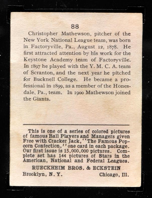 1914 E145 Cracker Jack #88 Christy Mathewson New York (National) - Back