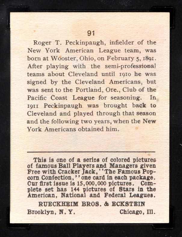 1914 E145 Cracker Jack #91 Roger Peckinpaugh New York (American) - Back