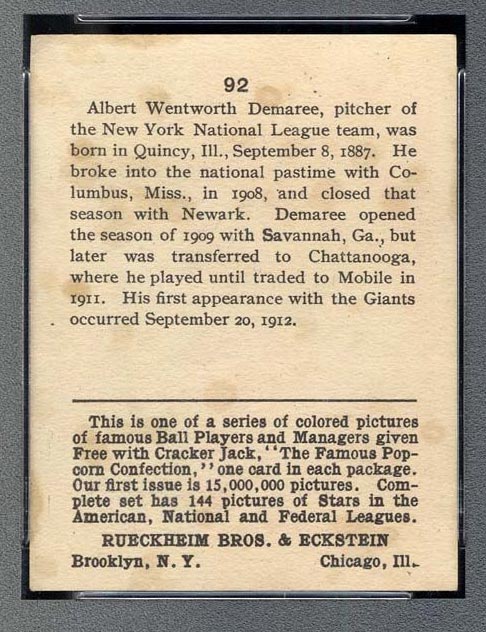 1914 E145 Cracker Jack #92 Al Demaree New York (National) - Back