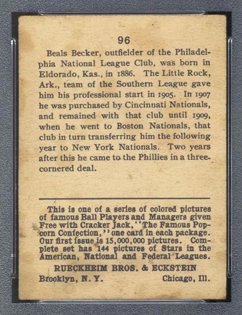 1914 E145 Cracker Jack #96 Beals Becker Philadelphia (National) - Back