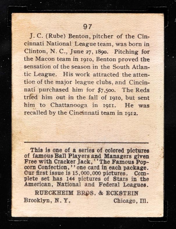 1914 E145 Cracker Jack #97 Rube Benton Cincinnati (National) - Back