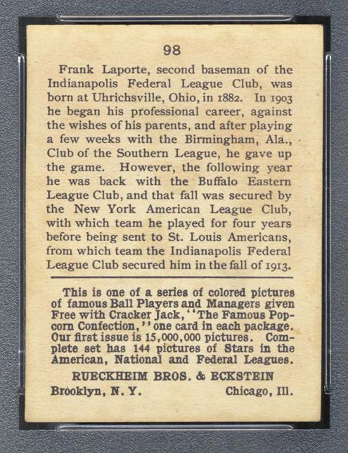 1914 E145 Cracker Jack #98 Frank LaPorte Indianapolis (Federal) - Back