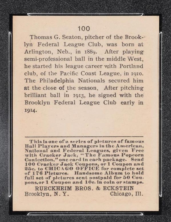 1915 E145-2 Cracker Jack #100 Thomas Seaton Brooklyn (Federal) - Back