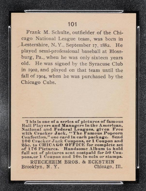 1915 E145-2 Cracker Jack #101 Frank Schulte Chicago (National) - Back