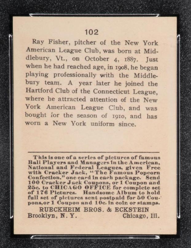 1915 E145-2 Cracker Jack #102 Ray Fisher New York (American) - Back