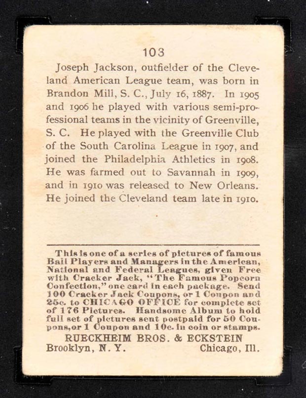 1915 E145-2 Cracker Jack #103 “Shoeless” Joe Jackson Cleveland (American) - Back