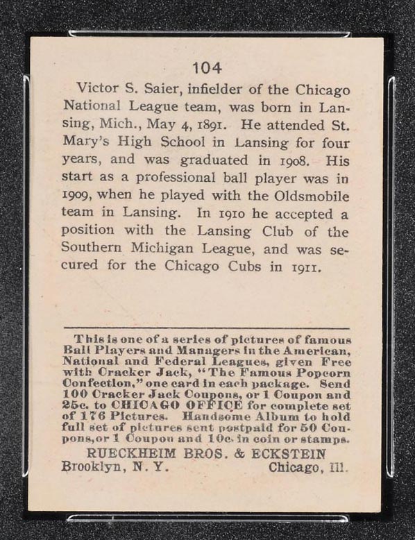 1915 E145-2 Cracker Jack #104 Vic Saier Chicago (National) - Back