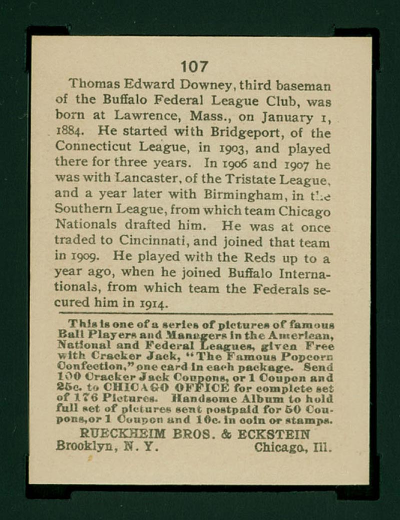 1915 E145-2 Cracker Jack #107 Tom Downey Buffalo (Federal) - Back
