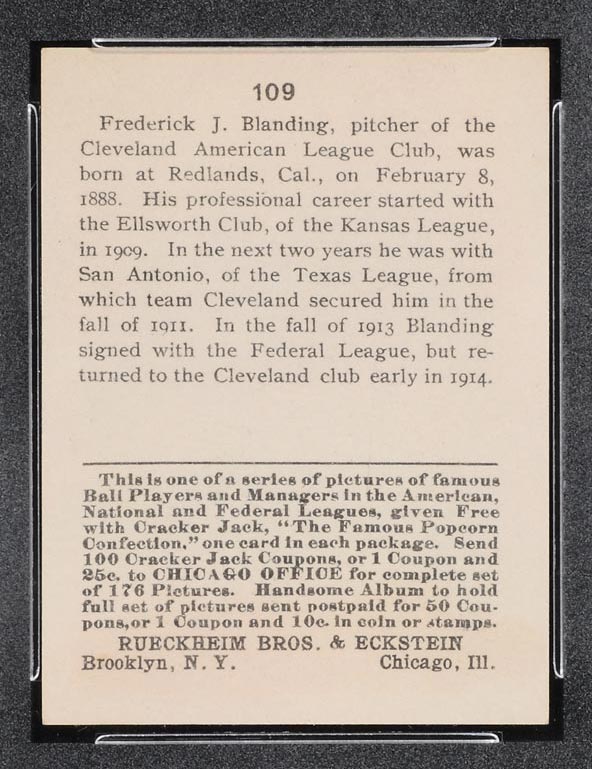 1915 E145-2 Cracker Jack #109 Fred Blanding Cleveland (American) - Back