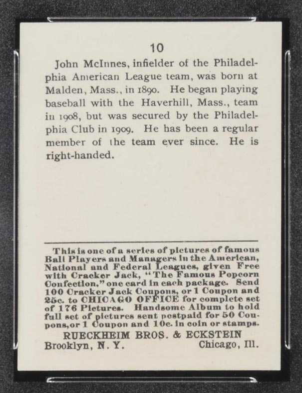 1915 E145-2 Cracker Jack #10 John McInnis Philadelphia (American) - Back