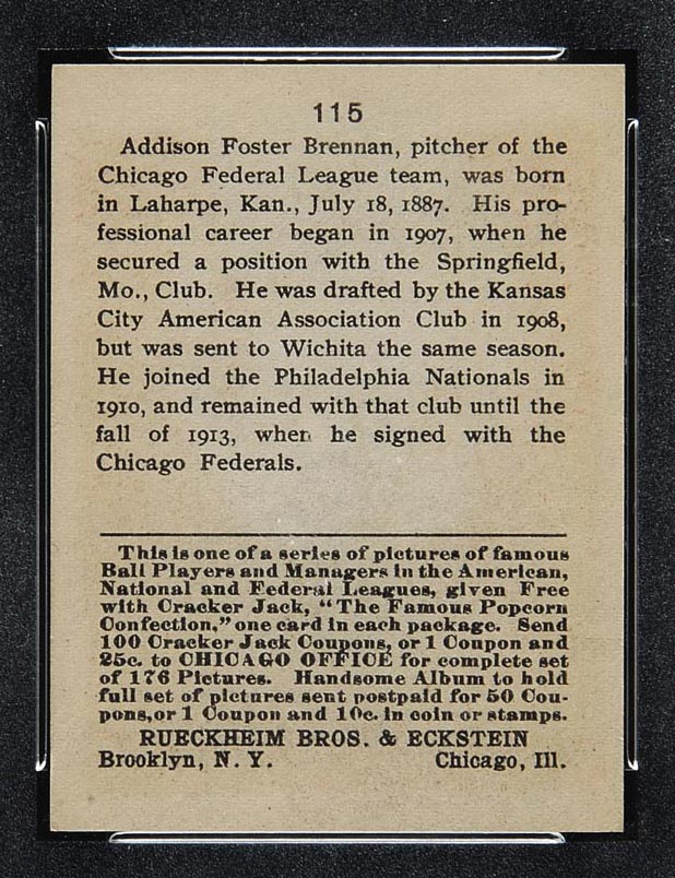 1915 E145-2 Cracker Jack #115 Addison Brennan Chicago (Federal) - Back