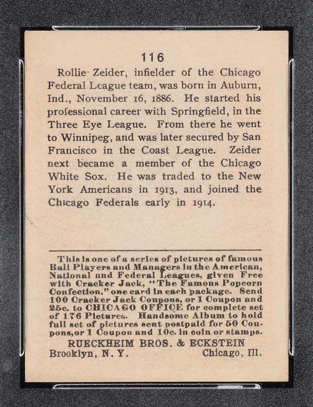 1915 E145-2 Cracker Jack #116 Rollie Zeider Chicago (Federal) - Back