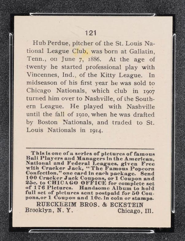 1915 E145-2 Cracker Jack #121 Hub Perdue Boston (National) - Back