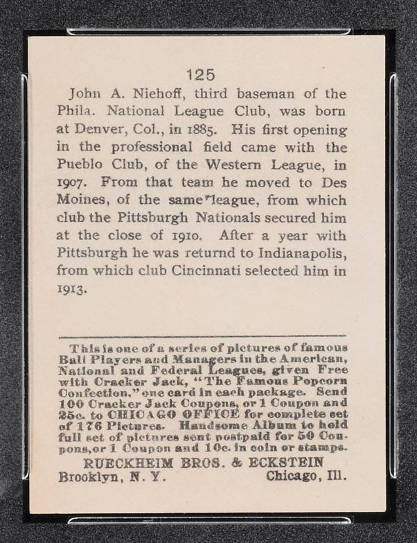 1915 E145-2 Cracker Jack #125 John Niehoff Cincinnati (National) - Back