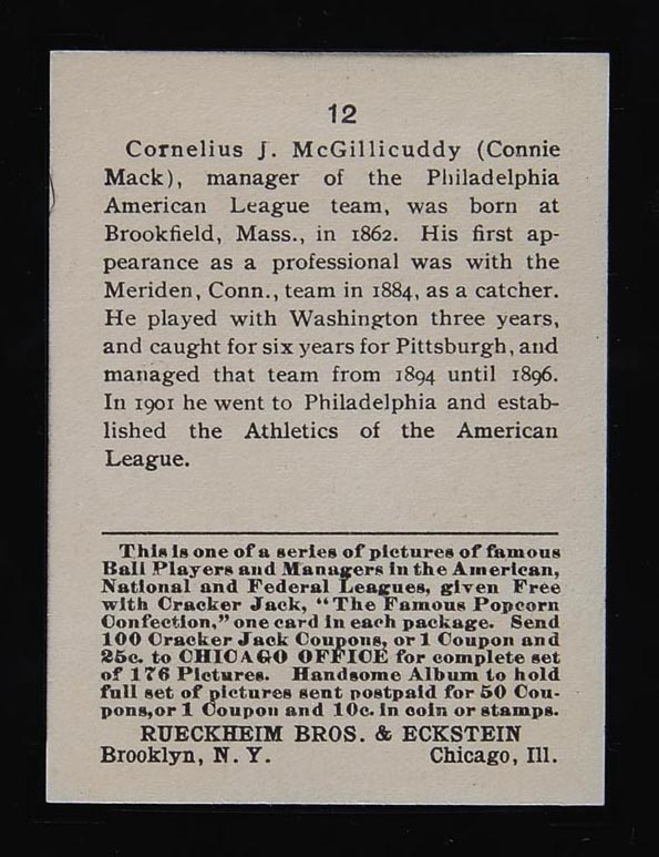 1915 E145-2 Cracker Jack #12 Connie Mack Philadelphia (American) - Back