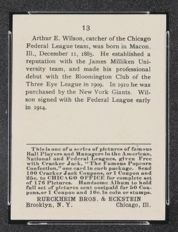 1915 E145-2 Cracker Jack #13 Art Wilson Chicago (Federal) - Back