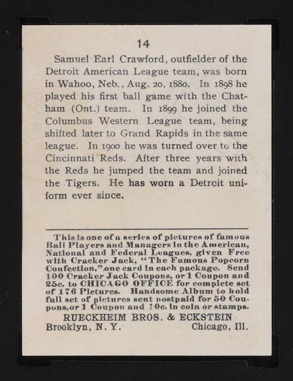 1915 E145-2 Cracker Jack #14 Sam Crawford Detroit (American) - Back
