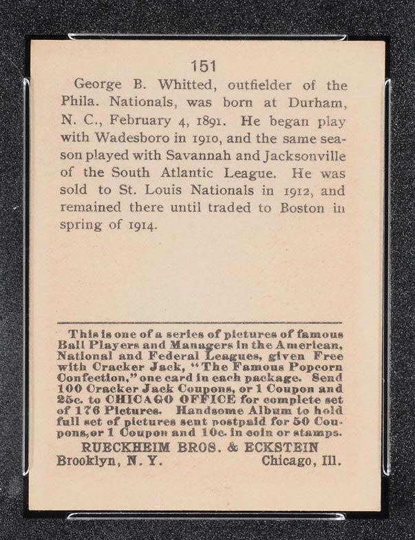 1915 E145-2 Cracker Jack #151 Possum Whitted Philadelphia (National) - Back